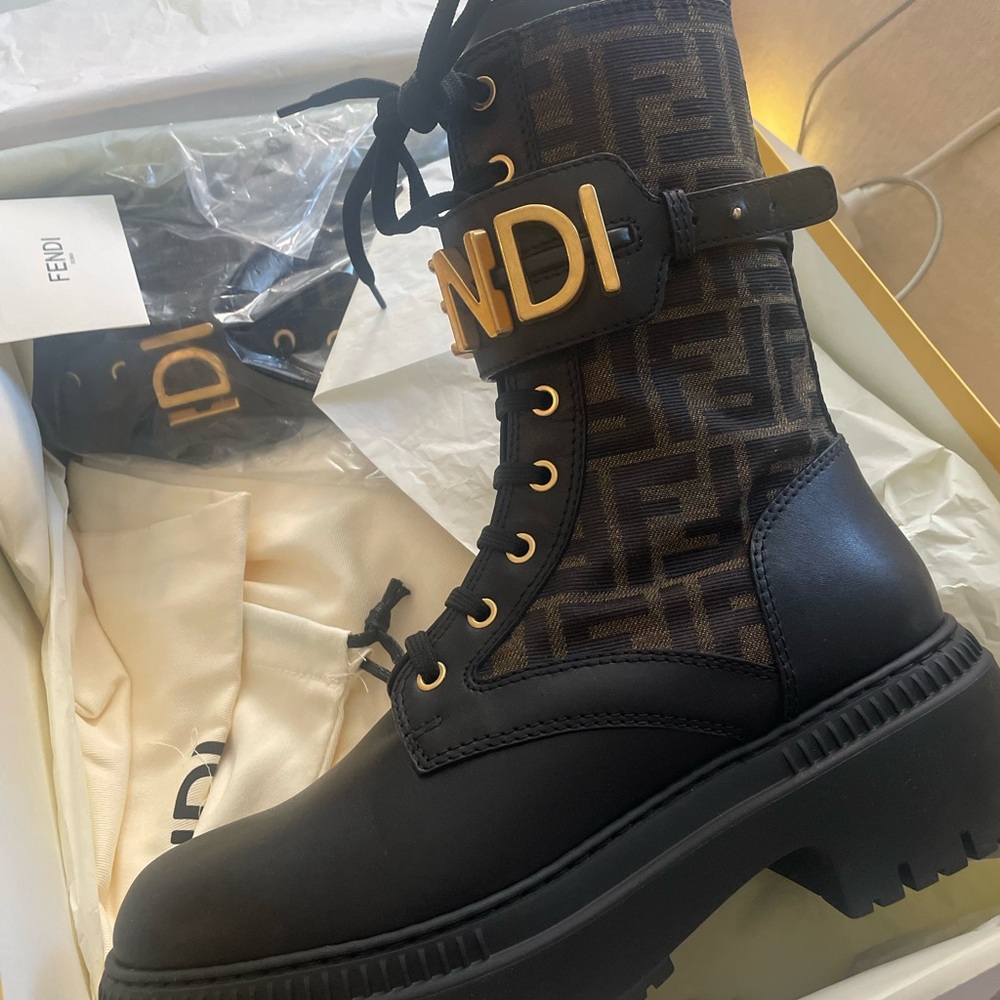Fendi Black and Brown Logo Lace-Up Boots